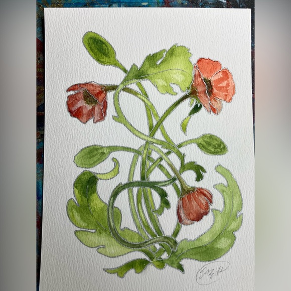 Original Poppies floral watercolor painting handmade artwork nouveau decor EAEH - Picture 4 of 9